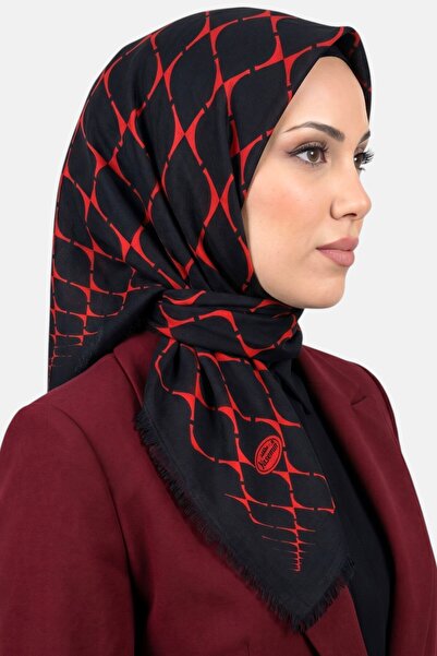 hadiora Women's Black Red Geometric Patterned Flared Twill Scarf