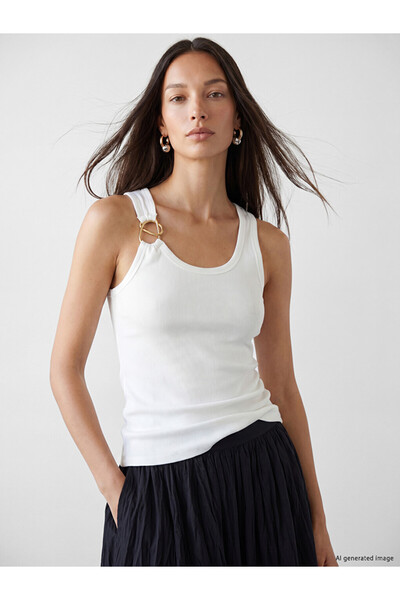 LC Waikiki Lcw Everyday White U-Neck Women's Tank Top with Metal Appliqué