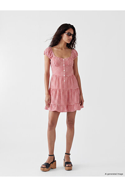 LC Waikiki Xside Red U-Neck Plaid Layered Mini Dress