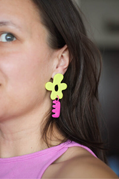 Nina Luz Cercei floare mare verde fucsia, cercei maximalişti