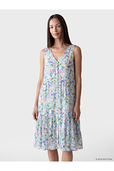 LC Waikiki V-Neck Floral Layered Midi Dress