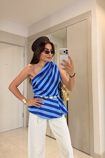 Gizem Ecemiş Pearl Mavi Tek Omuz Bluz