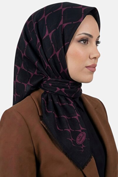 hadiora Women's Black Purple Geometric Patterned Flared Twill Scarf