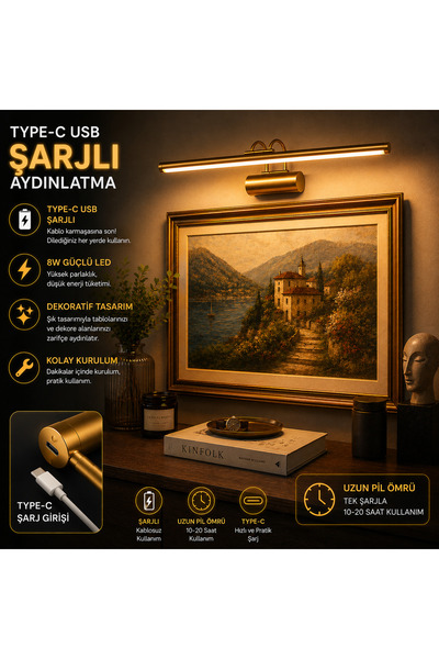 neeko Flüt Aplik / 50CM / Şarjlı LED Aplik / Type-C USB Kablosuz Duvar Lambas...