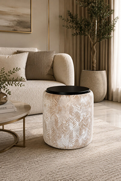Tasarım Premium Dokuma Kumaş Puf Sehpa 40x46 cm | Modern Yuvarlak Oturma Pufu...