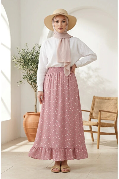 sefamerve Elastic Waist Polka Dot Patterned Skirt 0312-06 Powder