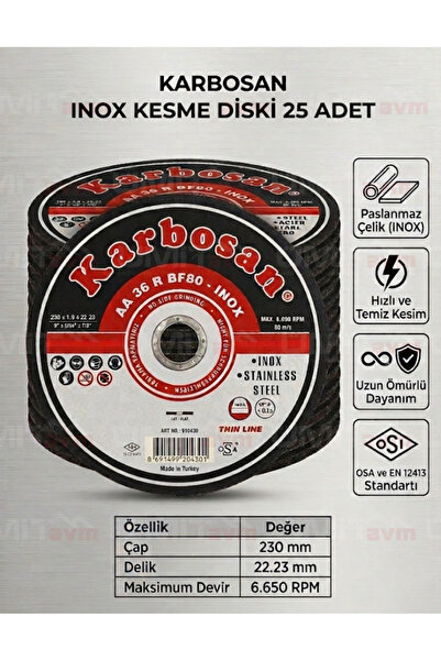 KARBOSAN 230x1.9 mm Inox Paslanmaz İnce Kesme Diski Büyük Spiral Canavar Taşı...