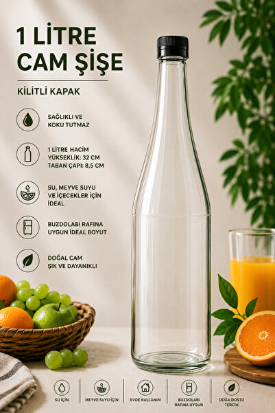 Tanemce 1 Adet Şerbetlik Siyah Plastik Kapaklı Cam Şişe 1 Litre Şeffaf Sürahi...