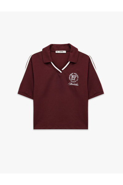 Koton Cotton Embroidered Stripe Detailed Short Sleeve Polo Collar T-Shirt