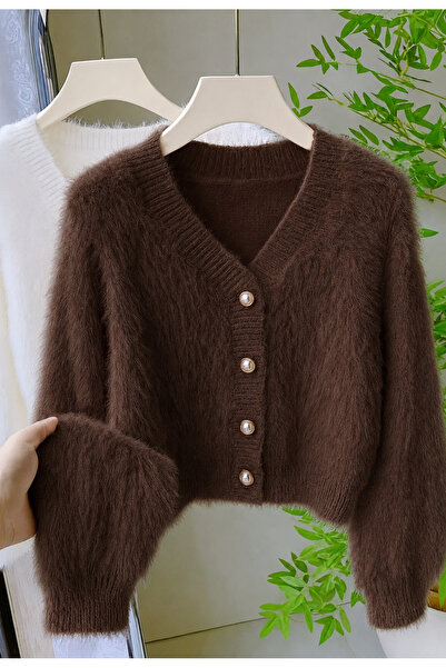 NATUFIAN STORE Women's Plush Look Soft Furry V-Neck Basic Knitwear Cardigan