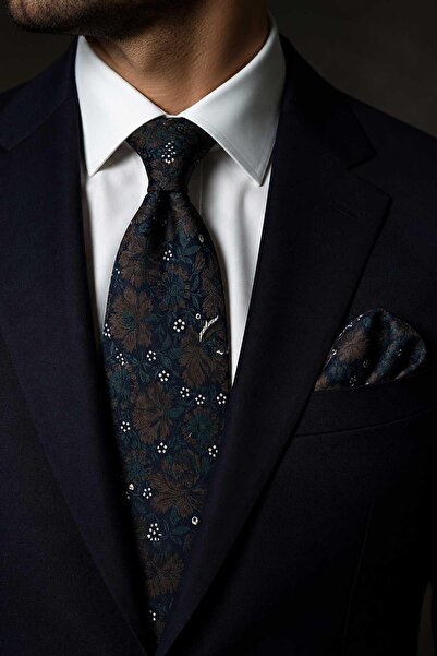 Kravatkolik Coffee Green Floral Pattern Classic Tie with Handkerchief Kk13798