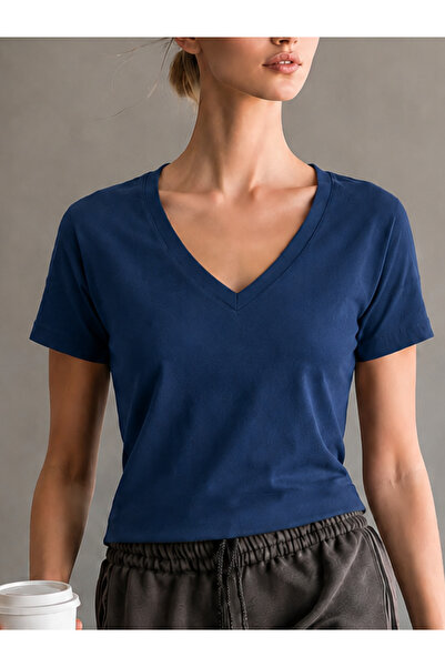 dont quıt Tricou de damă cu decolteu în V, albastru marin, SlimFit, 100% bumbac