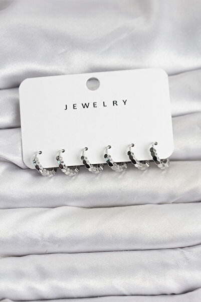 OGHAMAY Silver Color Brass Minimal Honeycomb Detailed Women's Earring Set