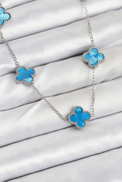 OGHAMAY 316L Steel Chain Silver Ice Blue Color Clover Women Necklace