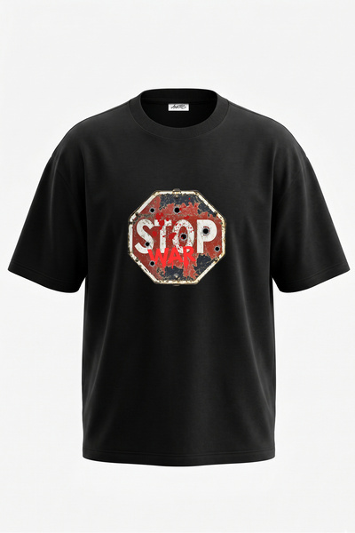 Anetos Tricou oversize negru din bumbac cu imprimeu pe spate Stop War Design