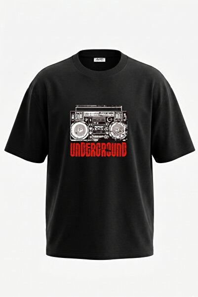 Anetos Tricou oversize negru din bumbac cu imprimeu pe spate Boombox Undergro...