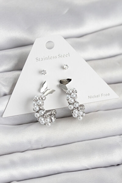 OGHAMAY Brass Silver Color Butterfly Detailed Women's Earring Set