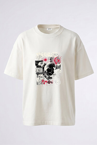 Anetos Tricou oversize alb din bumbac cu imprimeu pe spate Grunge Skull Design