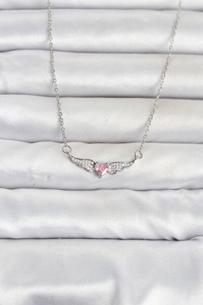OGHAMAY 316L Steel Chain Silver Color Winged Pink Heart Model Women's Necklace
