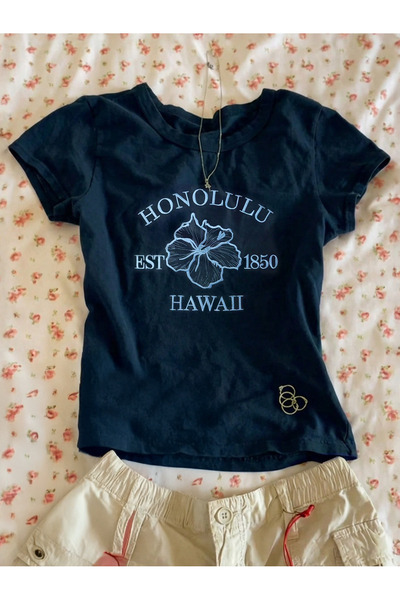 EVIus Tricou de damă Honolulu cu mânecă scurtă, imprimat, din Lycra, albastru...