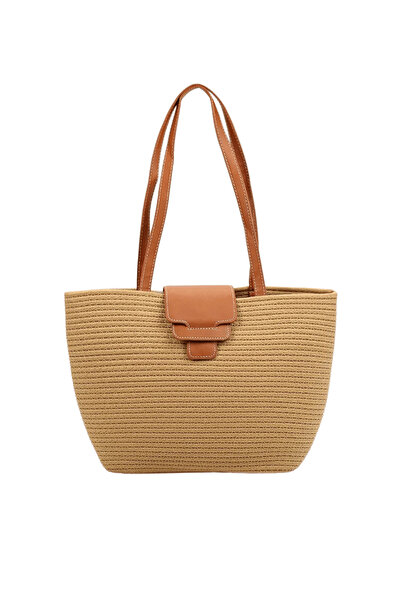 AngelsAccessories Γυναικεία Ψάθινη Tote με Δερμάτινο Καπάκι-Μπεζ