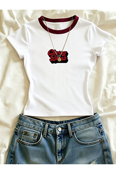 EVIus Tricou de damă din Lycra cu mânecă scurtă, cu imprimeu Cherry Bomb și d...