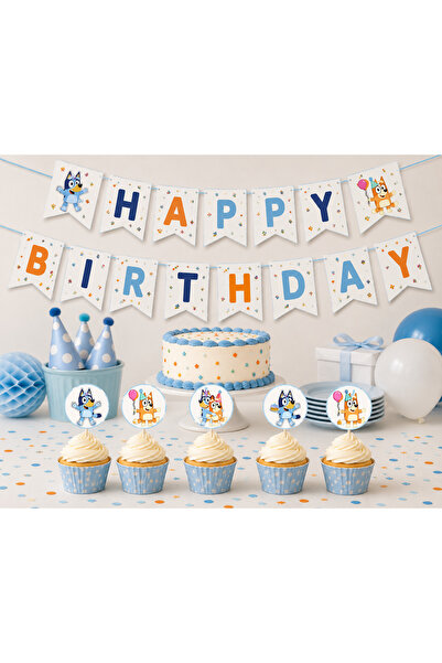 Dijital Nostal Bluey Temalı Happy Birthday Banner ve 20 Adet Cupcake Süsü Set...