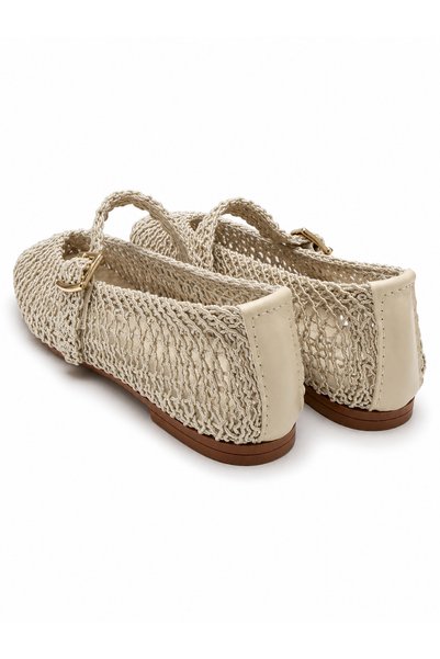 ZARICH Elara Cream Mesh Knitted Textured Hidden Elastic Gold Buckle Detailed Mary Jane Flat Sole Summer Comfortable Women's Ballerinas