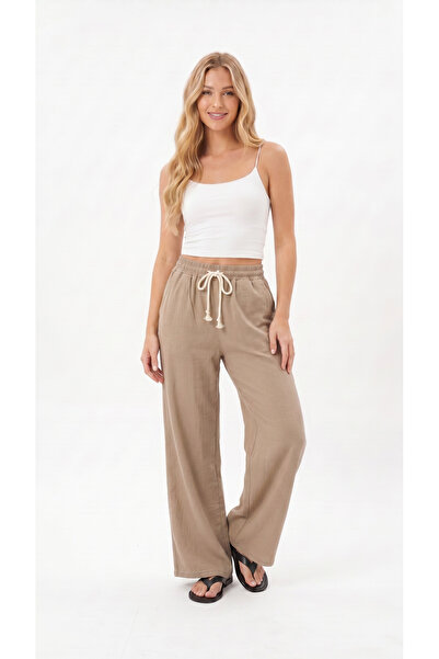 Quanlex Pantaloni de trening de damă, culoare bej, muselină, palazzo, cu pici...