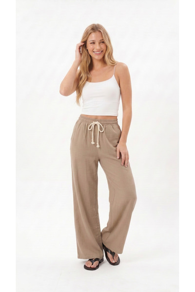 TKT Women's Muslin Palazzo Sweatpants Beige Color Wide Leg High Waist