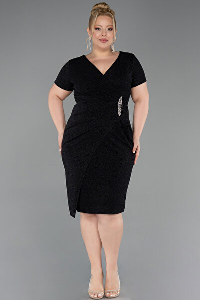 Efelif Short Sleeve Midi Plus Size Evening Dress with Waist Accessory Abk41155