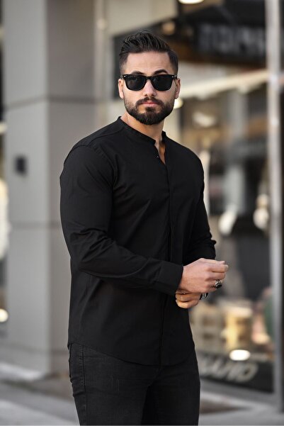 BAYIM Düz Hakim Yaka Slim Fit Uzun Kollu Erkek Gömlek