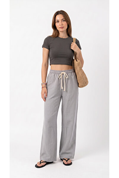 BETES Women's Gray Palazzo Muslin Linen Trousers with Pockets