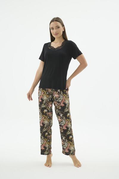 Sevim Women's Short Sleeve Lace V-Neck Black Floral Patterned Pajama Set C3T9...