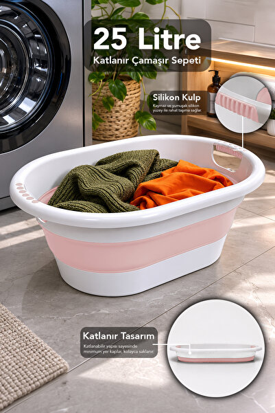 Meleni Home 25Lt Katlanabilir Çamaşır Sepeti - Akordiyon Silikon Kulplu Çamaş...