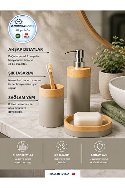 GEVGELIA GEVGELIAHOME AHŞAP DESENLİ 3LÜ BANYO SETİ