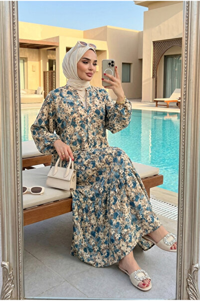 Kirazca Butik Kadın Dökümlü Modal Kumaş Floral Desenli Tesettür Elbise(ASTARSIZ)