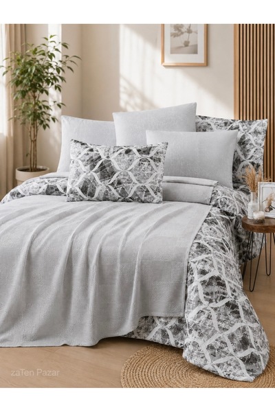 zaTen Pazar Gray Color Double 5-Piece Piqued Duvet Cover Set 100% Cotton Boxe...
