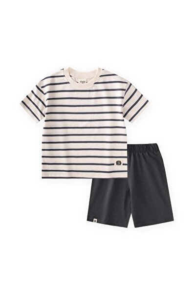 Cigit Striped Basic Capri Set 1-5 Years Black Striped