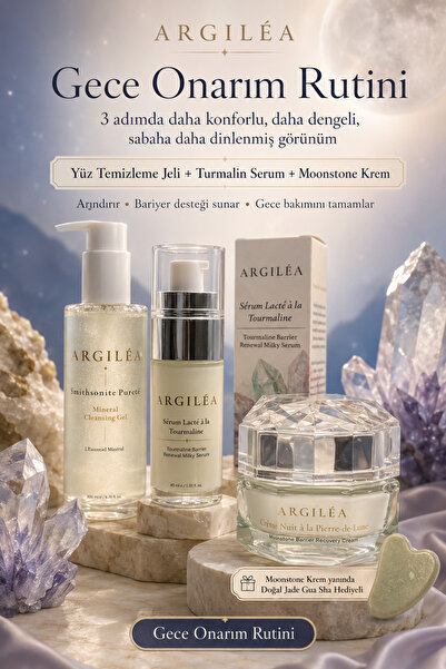 Argilea Gece Bakım Seti | Yüz Temizleme Jeli + Turmalin Serum + Moonstone Krem