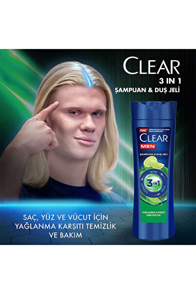 Clear Men 3in1 Şampuan & Duş Jeli Yağlanma Karşıtı Lime Özü 350 ml x4