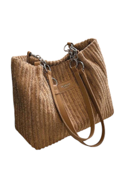 OEM Geantă tote bej din velur, bretea fixă, dimensiuni 32x12x26cm
