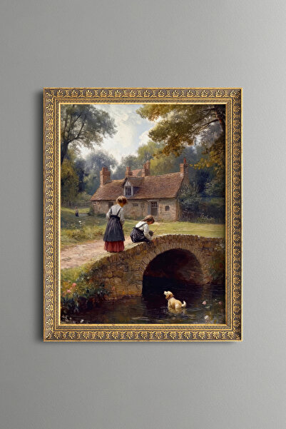 epiqart Children and Stream Landscape Painting on Stone Bridge - Vintage Patt...