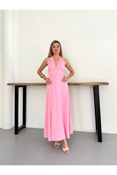 LE CARAMBOLE Women's Pink Halter Neck Slit Summer Dress