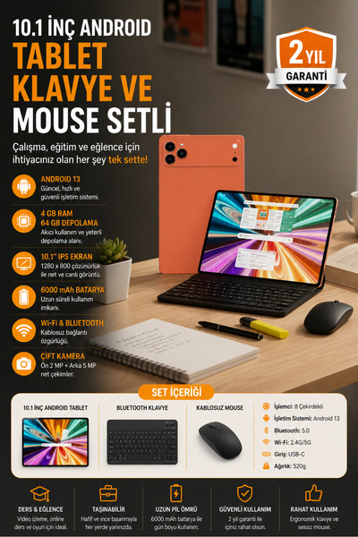 SAYARMARKT Android Tablet Klavyeli Model IPS Ekran ve Geniş Depolama Alanı