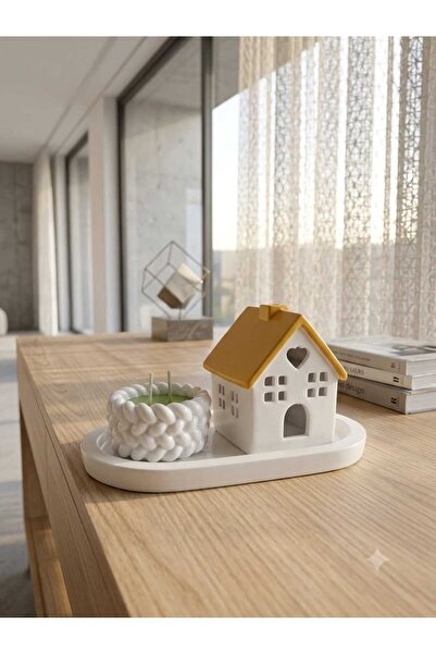 SCA CANDLE Dekoratif mum Ev desenli tavan açık Kahve +Tepsi +şamdanlık içinde...