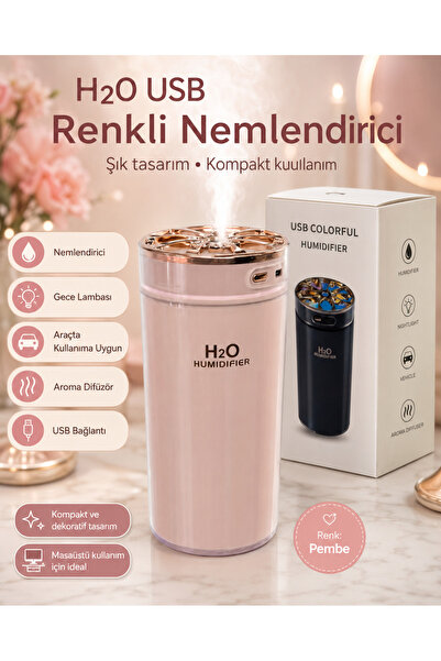 OEM H2O USB Pembe Gece Lambalı Mini Hava Nemlendirici Araç ve Masaüstü Kullan...