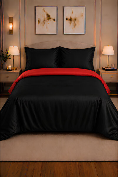 remtex 100% Cotton Satin Double-Sided Design Black Red Double Duvet Cover Set