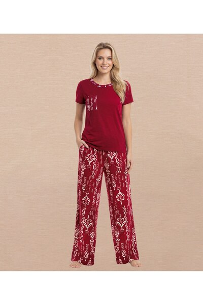 VELMİORA HOMEWEAR Kadın Çini Detay Kısa Kol Bisiklet Yaka Pijama Takımı