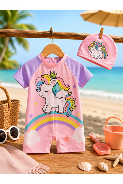 LUMY KIDS Kız Çocuk Unicorn Desenli Tam Vücut Sırt Fermuarlı Boneli Deniz May...